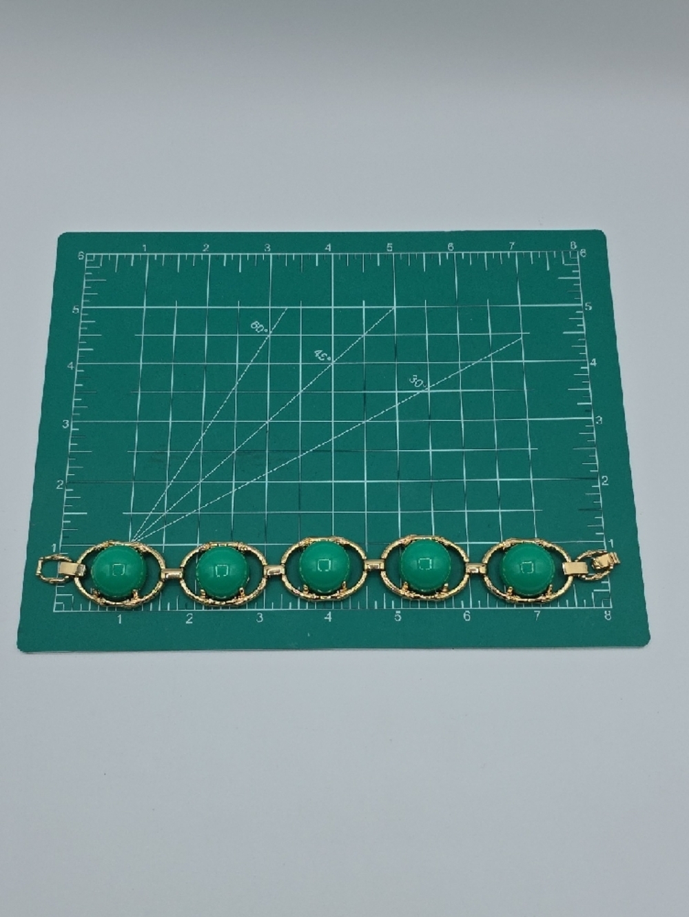 Stella & Dot Gold Bamboo Link Bracelet Green Cabochon Statement Jewelry 6.5-7.5” - Picture 2 of 9